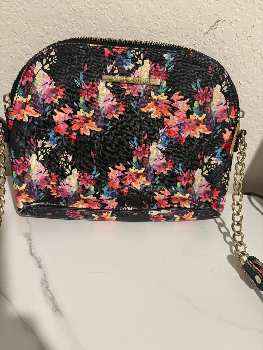 Steve Madden Black Floral Crossbody with Gold Chain